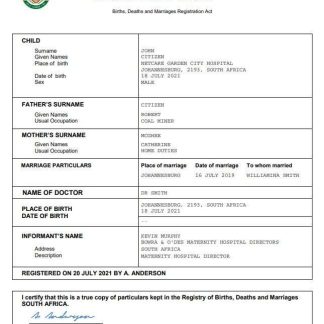 South Africa vital record birth certificate Word and PDF template download template file