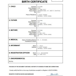 South Korea birth certificate Word and PDF template download template file