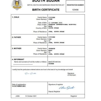 South Sudan vital record birth certificate Word and PDF template download template file