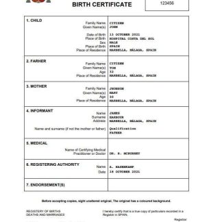Spain birth certificate Word and PDF template download template file
