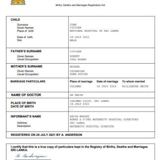 Sri Lanka vital record birth certificate Word and PDF template download template file