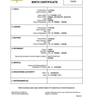 Sweden birth certificate Word and PDF template, completely editable download template file