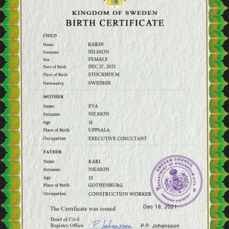 Sweden vital record birth certificate PSD template, fully editable download template file