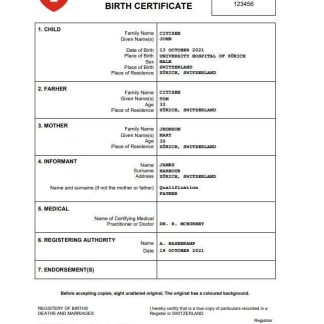 Switzerland vital record birth certificate Word and PDF template download template file