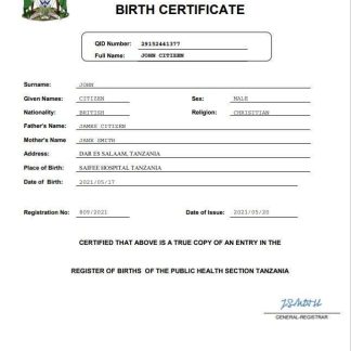 Tanzania birth certificate Word and PDF template download template file