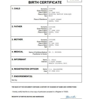Togo vital record birth certificate Word and PDF template download template file