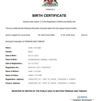Trinidad & Tobago birth certificate Word and PDF template download template file