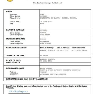 Tunisia vital record birth certificate Word and PDF template download template file