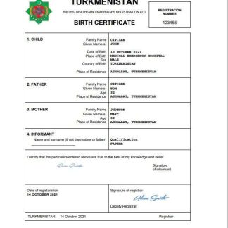 Turkmenistan vital record birth certificate Word and PDF template download template file