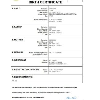 Tuvalu birth certificate Word and PDF template download template file