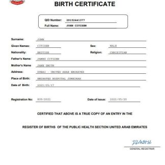 UAE vital record birth certificate Word and PDF template download template file