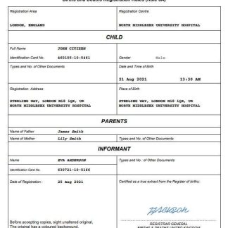 United Kingdom vital record birth certificate Word and PDF template download template file