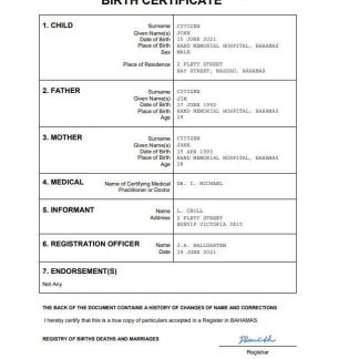 Bahamas vital record birth certificate Word and PDF template download template file