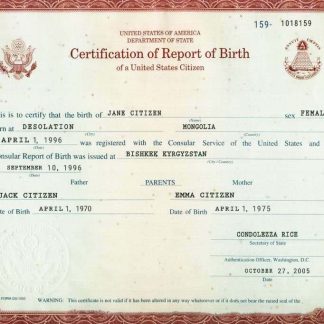 USA certification of report of birth washington 1 download template file