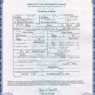 USA Connecticut state birth certificate template in PSD format download template file