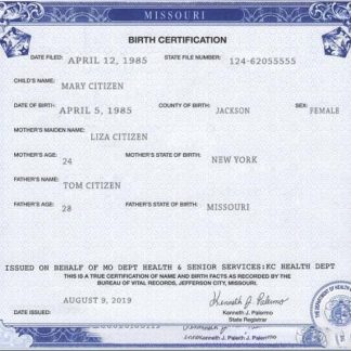 USA Missouri state birth certificate template in PSD format download template file