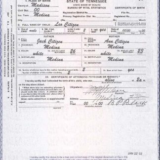 USA Tennessee state birth certificate template in PSD format download template file