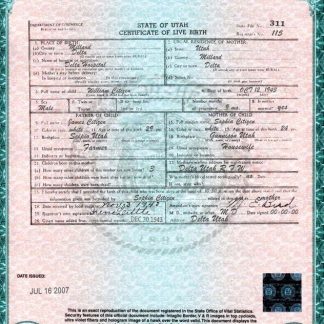 USA Utah state birth certificate template in PSD format download template file