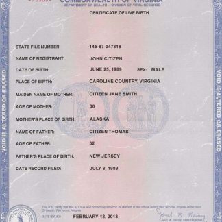 USA Virginia birth certificate download template file