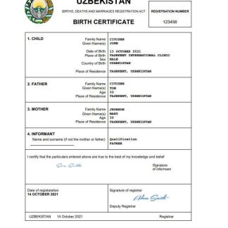 Uzbekistan vital record birth certificate Word and PDF template download template file