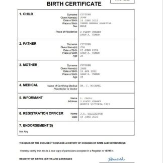 Yemen vital record birth certificate Word and PDF template download template file