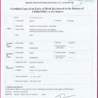 Zimbabwe birth certificate template in PSD format download template file