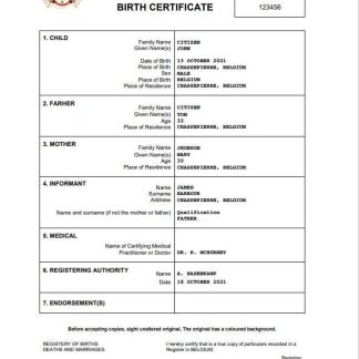 Belgium vital record birth certificate Word and PDF download template file
