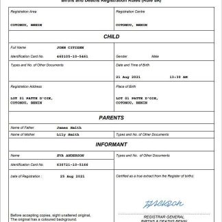 Benin birth certificate Word and PDF template download template file