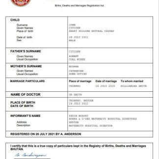 Bhutan vital record birth certificate Word and PDF template download template file