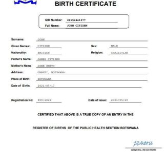 Botswana birth certificate Word and PDF template download template file