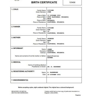 Bulgaria vital record birth certificate Word and PDF template download template file