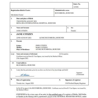 Burundi vital record birth certificate Word and PDF template download template file