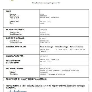 Cambodia birth certificate Word and PDF template download template file
