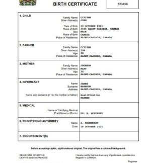 Canada birth certificate Word and PDF template download template file