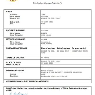Chad birth certificate Word and PDF template download template file