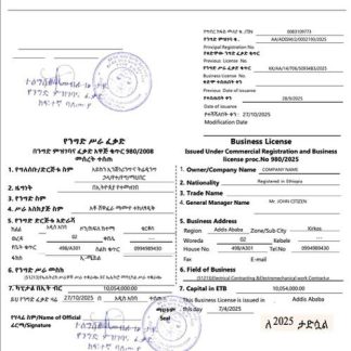 Ethiopia?Addis Ababa?business license Word and PDF template download template file