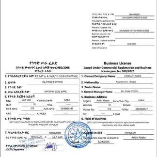 Ethiopia?Addis Ababa?business license Word and PDF template, version 2 download template file