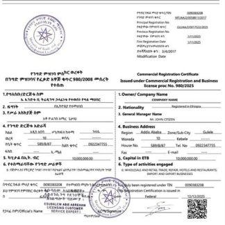 Ethiopia?commercial registration certificate Word and PDF template download template file