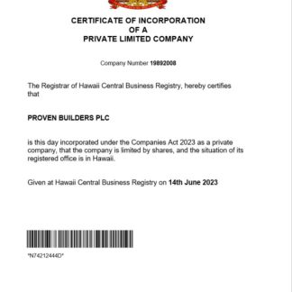 Hawaii certificate of registration Word and PDF template download template file