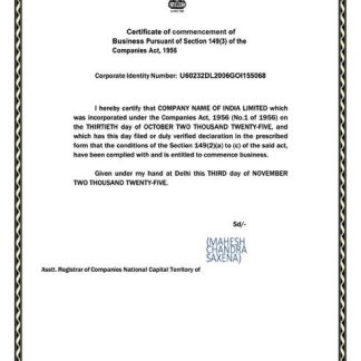 India certificate of commencement Word and PDF template download template file