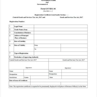 India certificate of GST registration Word and PDF template download template file