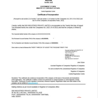 India certificate of incorporation registration Word and PDF template, version 2 download template file