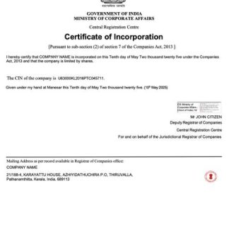India certificate of incorporation Word and PDF template, version 3 download template file