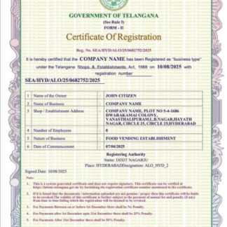India Telangana certificate of registration Word and PDF template download template file