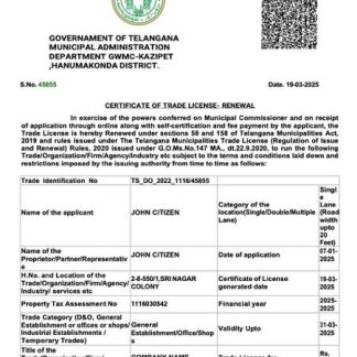 India Telangana certificate of trade license Word and PDF template download template file