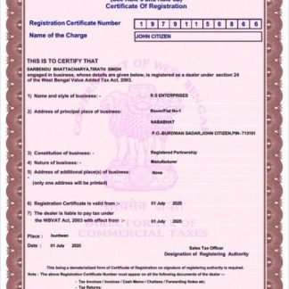 India?West Bengal?certificate of VAT registration?Word and PDF template download template file