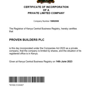 Kenya business registration certificate Word and PDF template download template file