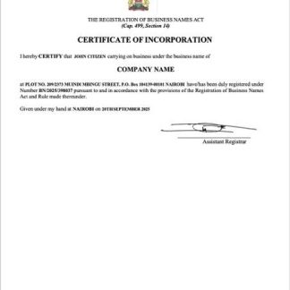 Kenya certificate of incorporation Word and PDF template, version 2 download template file