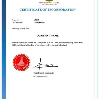 Lesotho certificate of incorporation Word and PDF template download template file