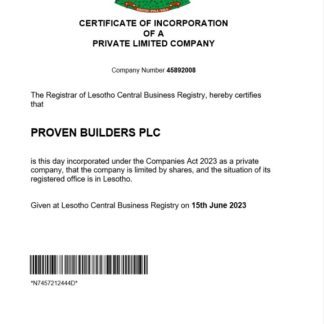 Lesotho company registration certificate Word and PDF template download template file